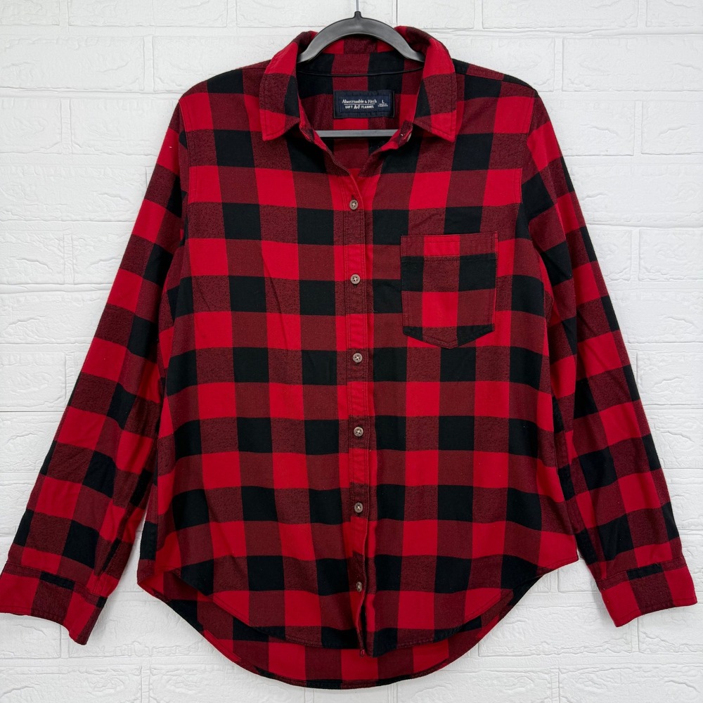 Abercrombie & Fitch Flannel Shirt Womens L Red Black Buffalo Plaid Button Down